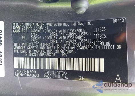 2013 Toyota Sienna Le V6 7 Passenger Auto Access Seat/Le V6 8 Passenger from USA, damaged, VIN 5TDKK3DC0DS386298